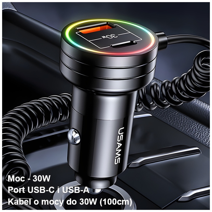 USAMS Charg. sam. 2xUSB-C 1xUSB-A C33 60W s pružinovým kabelem Fast Charge černá/černá CC167CC01 (US-CC167)