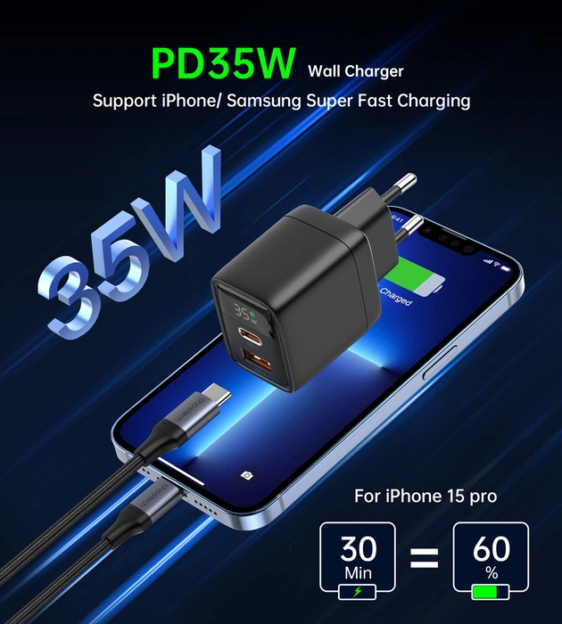 Choetech PD6052 USB-C USB-A PD 35W GaN chargeur mural avec écran - noir