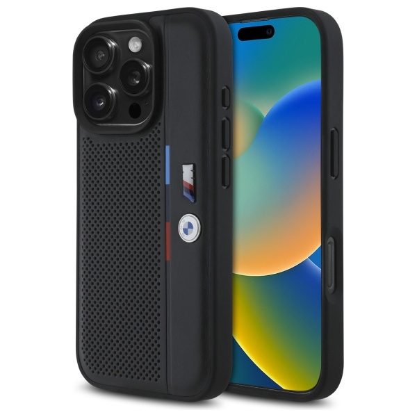 Cover BMW iPhone 16 Pro 6,3" nero/nero durocase M Linea di dettaglio tricolore traforata