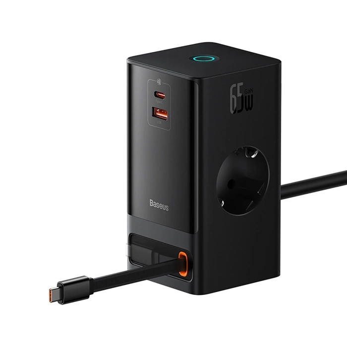 Baseus PowerCombo Ladestation 65W 1,5m 2 x EU + USB-A + USB-C + einziehbares USB-C-Kabel - Schwarz
