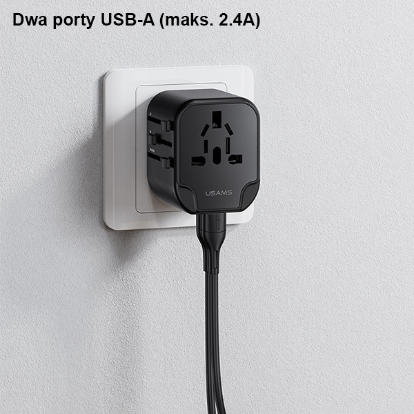 Nabíječka USAMS. 2xUSB T55 12W adaptér 4v1 US/AU/EU/UK černý/černý CC173TC01 (US-CC173) Cestovní nabíječka Univesal
