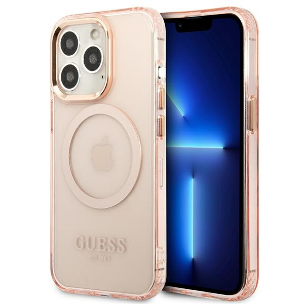 Case GUESS Apple iPhone 13 Pro Max Gold Outline Translucent MagSafe Pink Hardcase