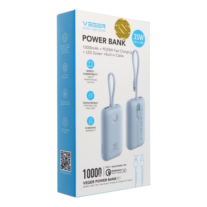 Powerbank Veger K1 (W1188) PD QC3.0 35W 10000 mAh z wbudowanymi kablami USB C / Lightning niebieski