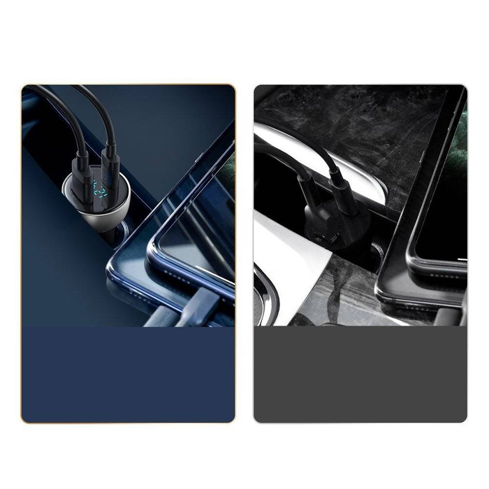 Baseus USB / USB Tipo C caricabatteria per auto 65 W 5 A SCP Quick Charge 4.0+ Power Delivery 3.0 Schermo LCD + USB Tipo C - Cavo USB Tipo C grigio (TZCCKX-0G)