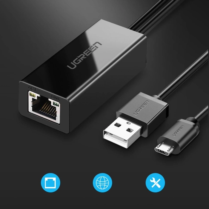 Ugreen 30985 Externe Netzwerkkarte für Chromecast mit Micro-USB-/USB-A-Anschlüssen 100 Mbit/s 1 m – Schwarz