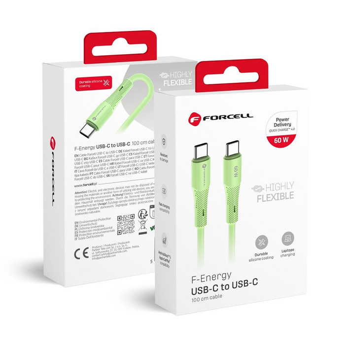 Kabel USB C do USB C Forcell F-Energy QC4.0 PD 3A 60W Silicone 1 m C344 zielony