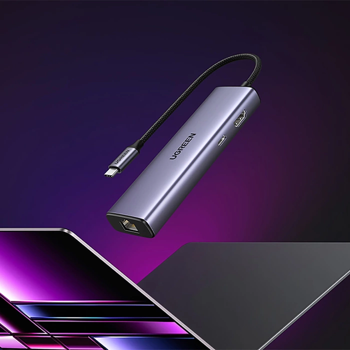 Adaptér 1v6 UGREEN CM512 USB-C na 3x USB A 3.0, HDMI, RJ45, převodník PD