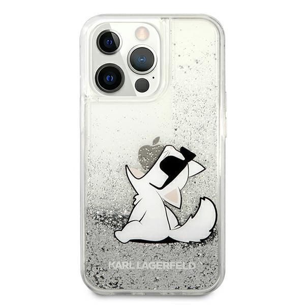 Puzdro KARL LAGERFELD Apple iPhone 13 Pro Max Liquid Glitter Choupette Fun strieborné pevné puzdro