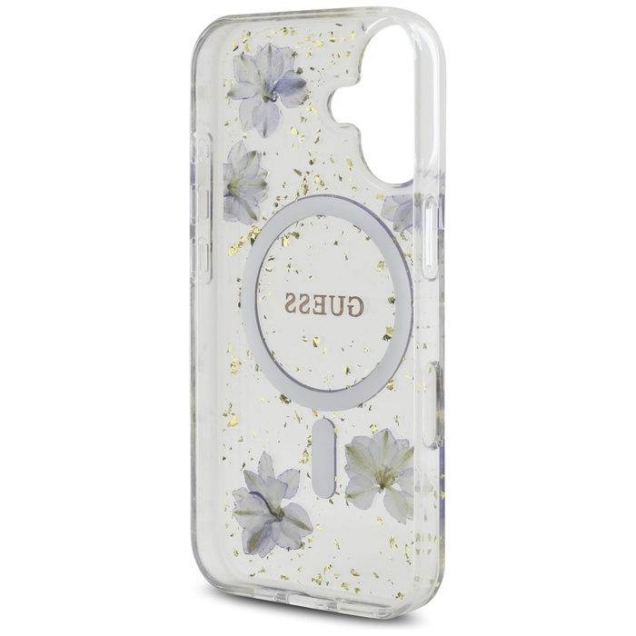 Etui Guess Resin Flowers Glitter MagSafe do iPhone 16 fioletowy