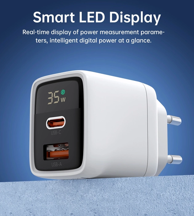 Choetech PD6052 Caricatore da muro USB-C USB-A PD 35W GaN con display - bianco