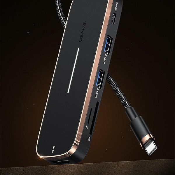 USAMS Adapter HUB 2xUSB + USB-C + HDMI + Micro SD+SD schwarz/schwarz SJ575HUB01 (US-SJ575)