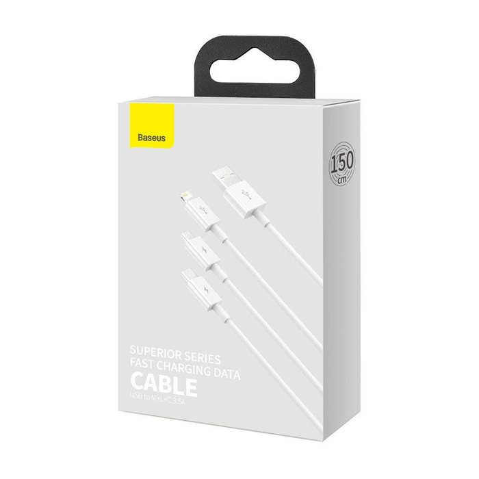 Cavo USB Baseus Superior 3in1 - Lightning / USB tipo C / micro USB 3,5 A 1,5 m Bianco (CAMLTYS-02)
