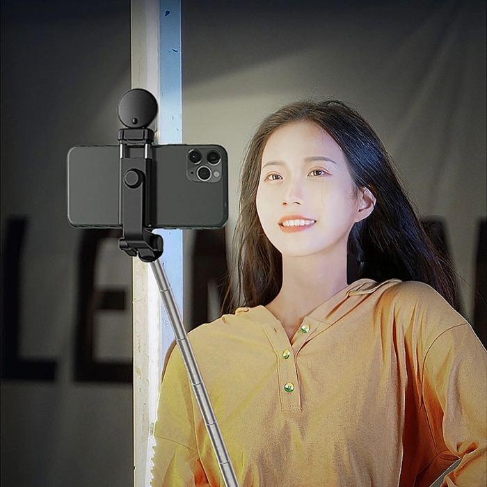 Selfie stick WH1YXS telescopic tripod 1m with round lamp and phone holder - black