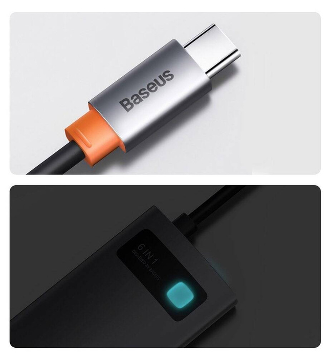 [RETURNED ITEM] Baseus Metal Gleam 6in1 multifunkční rozbočovač USB typu C – napájení USB typu C 100 W / HDMI 4K 30 Hz / 3x USB 3.2 Gen 1 / RJ45 1 Gbps šedá (CAHUB-CW0G)