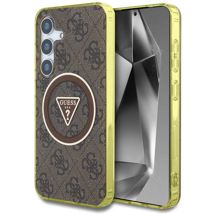 Etui Guess 4G Glitter Triangle Buttons    MagSafe do Samsung Galaxy S25 brązowy