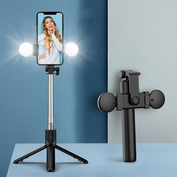 Selfie-Stick WR1YXS Teleskopstativ 0,71 m mit runder Lampe – Schwarz