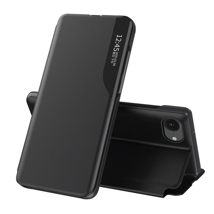 Eco Leather View Case elegante Hülle mit Klappe und Ständer für iPhone 16e - Schwarz