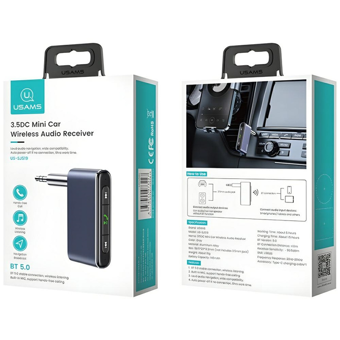 USAMS Adapter audio Bluetooth 5.0 - jack3.5mm szary/grey SJ519JSQ01 (US-SJ519)