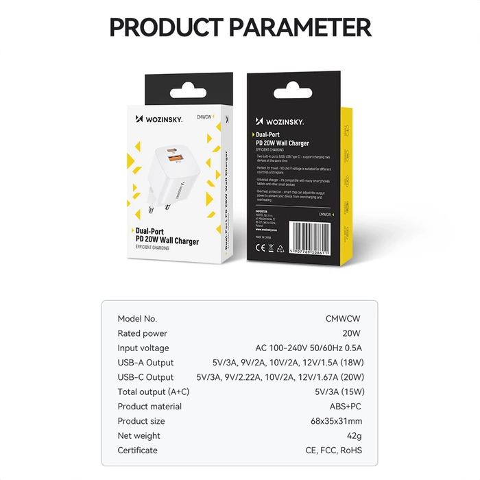 Chargeur mural Wozinsky CMWCW 20W USB-C / USB-A - blanc