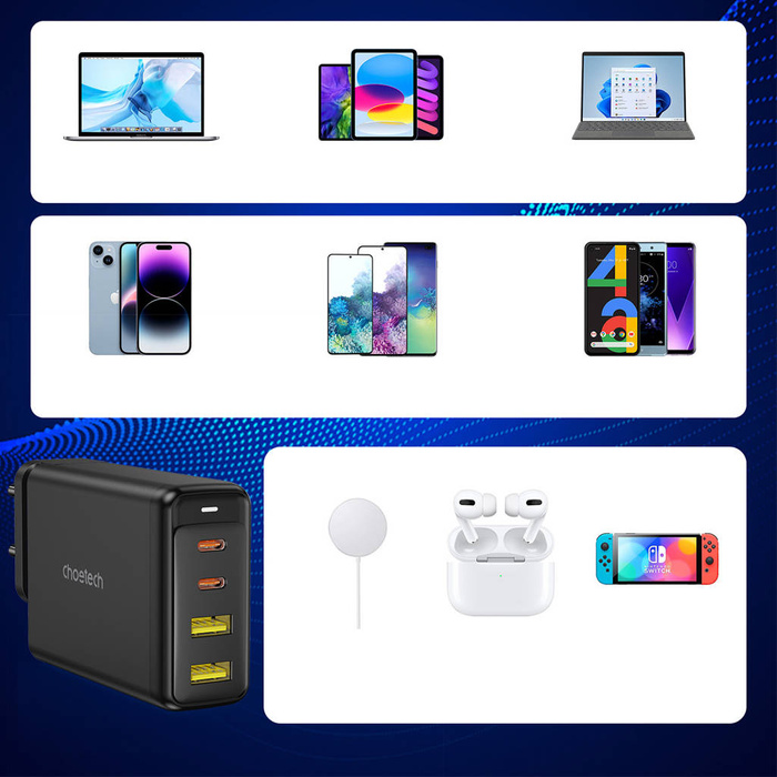 Choetech cargador GaN 140W 4 puertos (2x USB C, 2x USB) negro (PD6005)