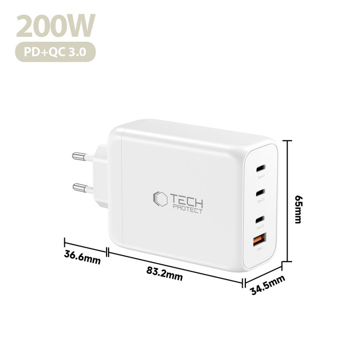 TECH-PROTECT NC200W-GAN 4-PORT NETWORK CHARGER PD 200W / QC3.0 WHITE