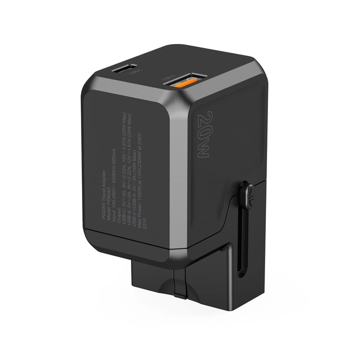 Choetech PD6038 USB-C USB-A PD 20W Chargeur de voyage USA EU UK AU - Noir