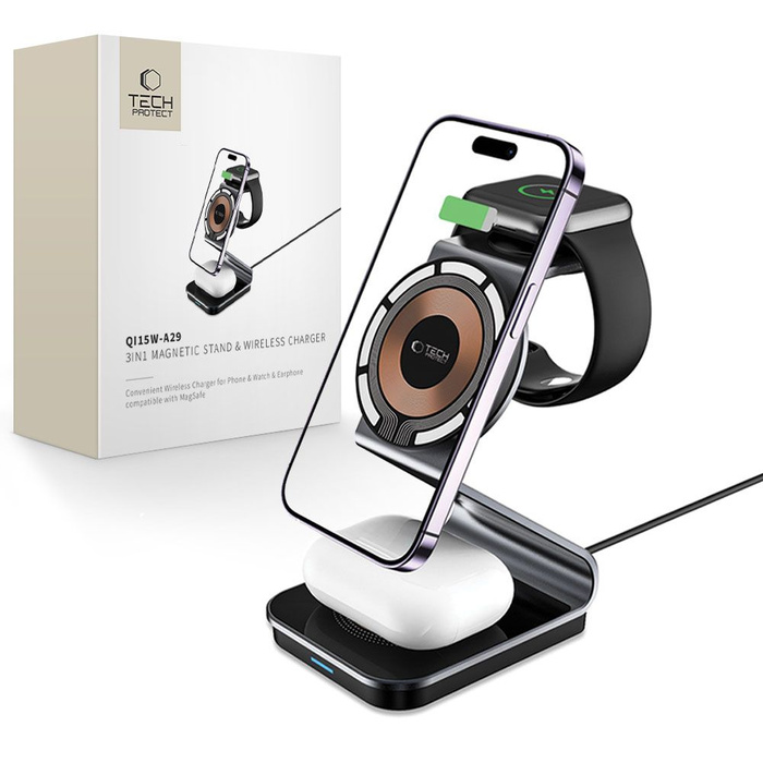 Tech-protect Qi15w-a29 3in1 Magnetic MagSafe Wireless Charger Noir
