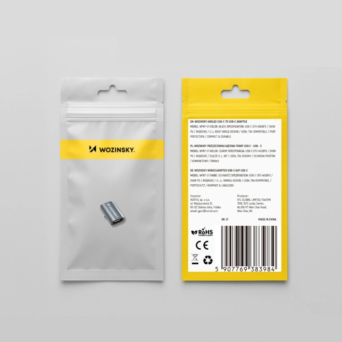 Przejściówka kątowa Wozinsky WPKF-01 USB-C - USB-C 40Gb/s 240W 8K OTG - szara
