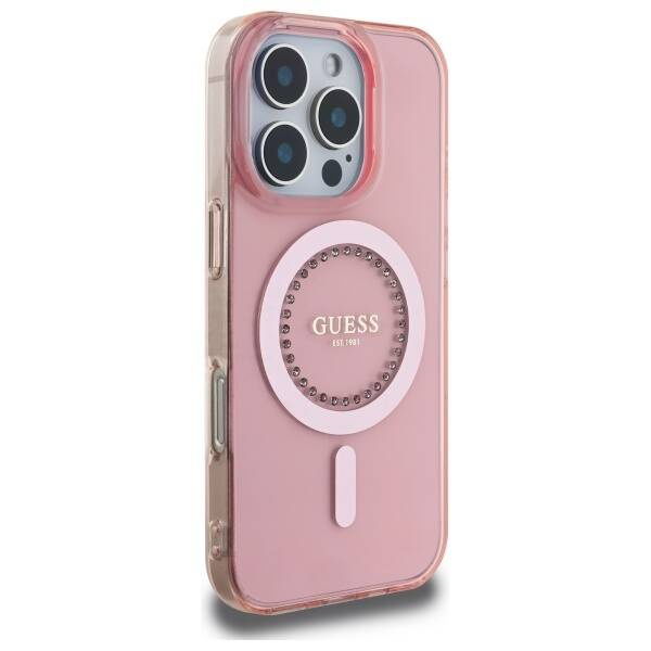 Etui Guess iPhone 16 Pro 6.3" różowy/pink hardcase IML Rhinestones MagSafe