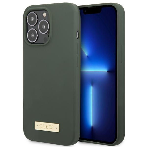 Hülle GUESS Apple iPhone 13 Pro Max Silikon Logo Platte MagSafe Grün Hartcase