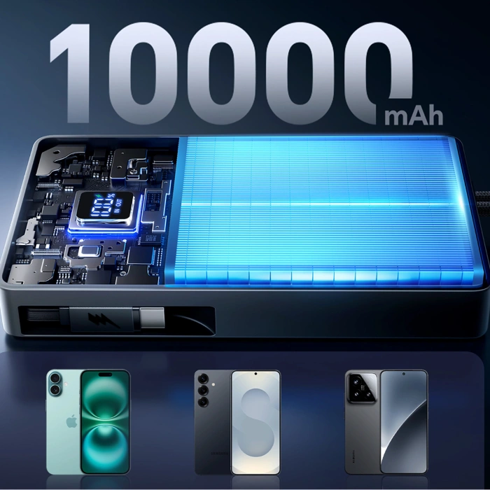 Powerbank Joyroom JR-PR1 10000mAh 22,5W z wbudowanym zwijanym kablem USB-C - czarny