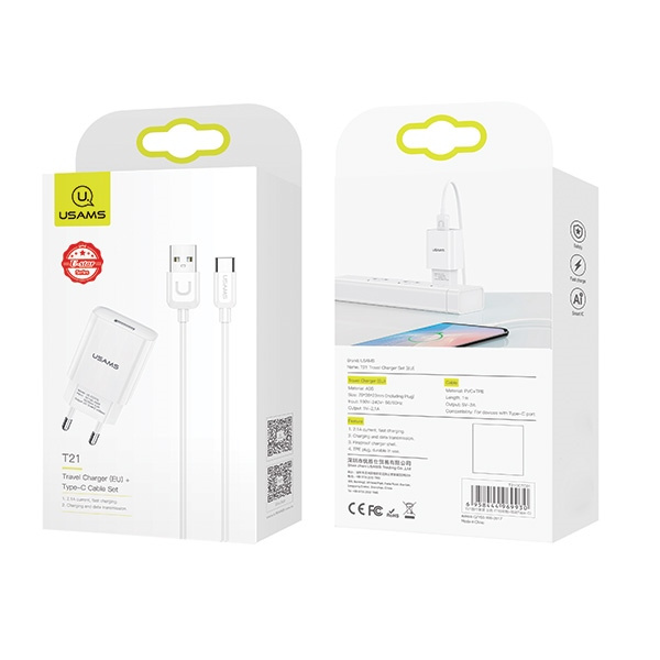  USAMS 1xUSB T21  USB-C 2.1A Carga rápida T21OCTC01 Blanco