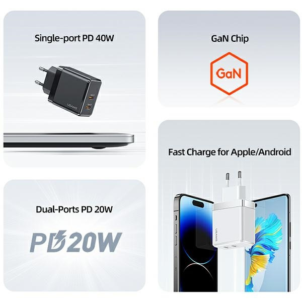 USAMS Charg. 2xUSB-C T54 40W (pouze hlava) PD Rychlé nabíjení černá/černá CC172TC01 (US-CC172)