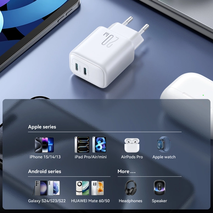 Joyroom JR-TCF12 mains charger 2x USB-C 20W PD / QC 3.0 - white