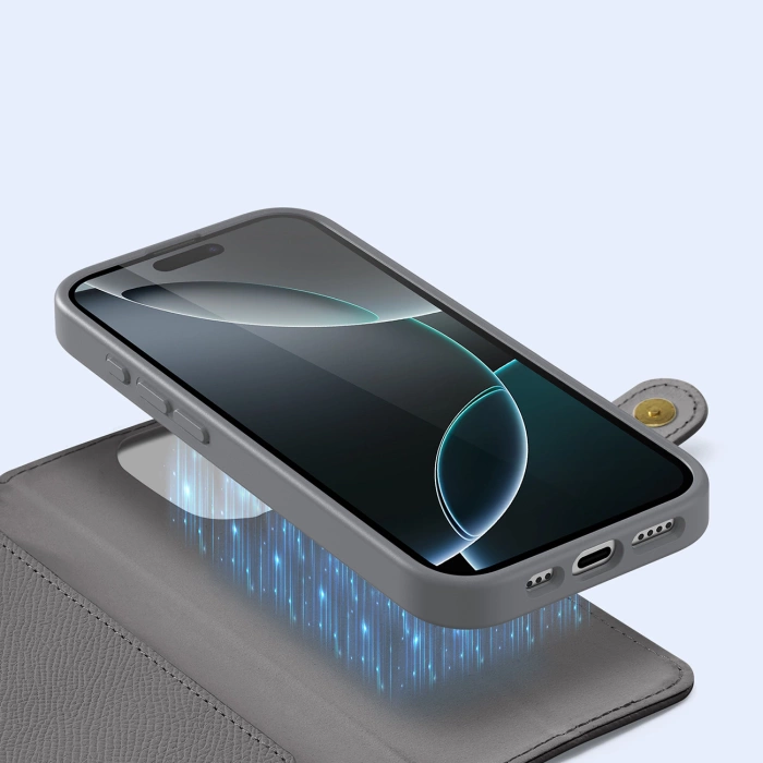 Dux Ducis Lawa iPhone 16 Pro Lederhülle mit abnehmbarer magnetischer Brieftasche - Grau