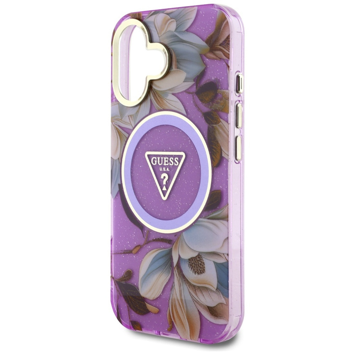 Etui Guess Glitter Flowers Triangle       Buttons MagSafe do iPhone 16 fioletowy