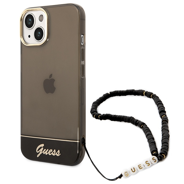 Hülle GUESS Apple iPhone 14 Plus Translucent Pearl Armband Schwarz Hartcase