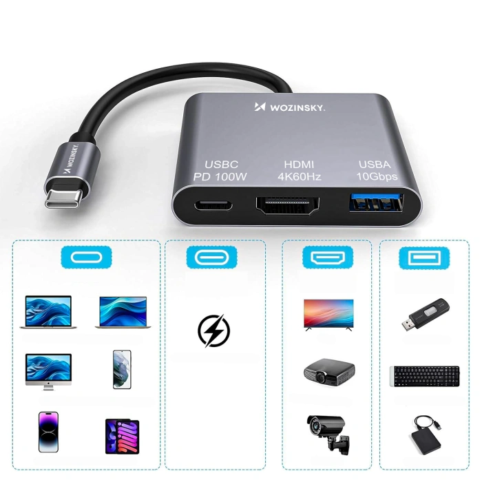 Hub Wozinsky WHCH-01 USB-C PD 100W HDMI 4K@30Hz USB-A 10Gbps - szary