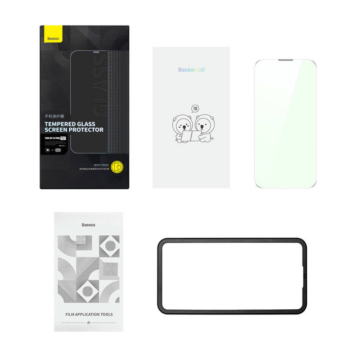 Cristal templado de pantalla completa Baseus para iPhone 14 Pro con filtro anti luz azul y cubierta de altavoz de 0,3 mm + marco de montaje