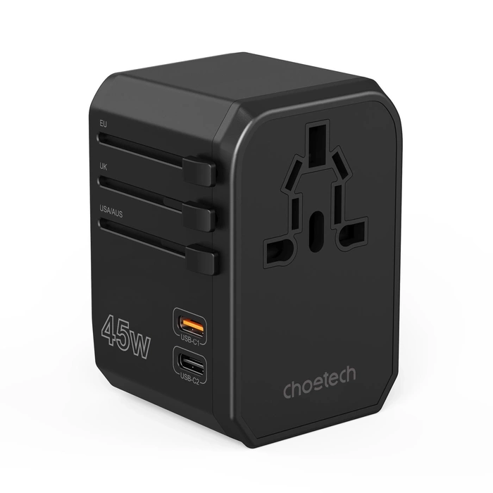 Caricabatterie da viaggio GaN USB-C USB-A 45W Choetech PD6045 con prese US EU UK AU - Nero