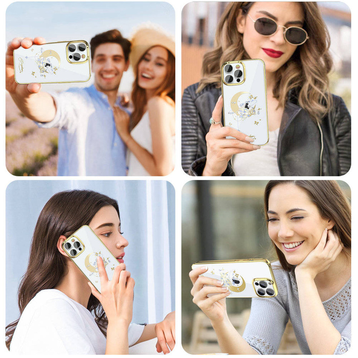 Kingxbar Moon Series Boîtier de luxe avec cristaux Swarovski pour iPhone 13 Pro gold (Flower)