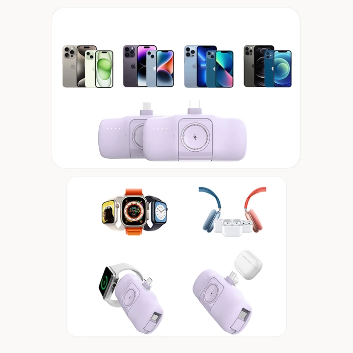 Mini powerbank Wozinsky WF16-YLS 5000mAh 15W Lightning z wbudowanym kablem USB-C i ładowarką do Apple Watch - fioletowy