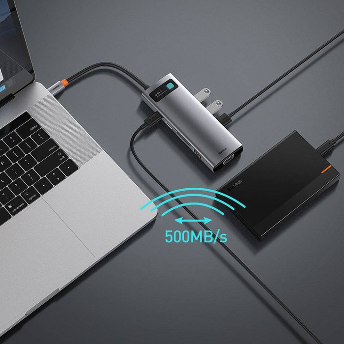 Baseus Metal Gleam HUB multifunzione 9in1 USB tipo C - 3x USB 3.2 Gen 1 5Gbps / USB tipo C PD 100W / VGA Full HD 60Hz / HDMI 4K 30Hz / czytnik kart TF i SD / RJ45 1Gbps grigio (CAHUB-CU0G)