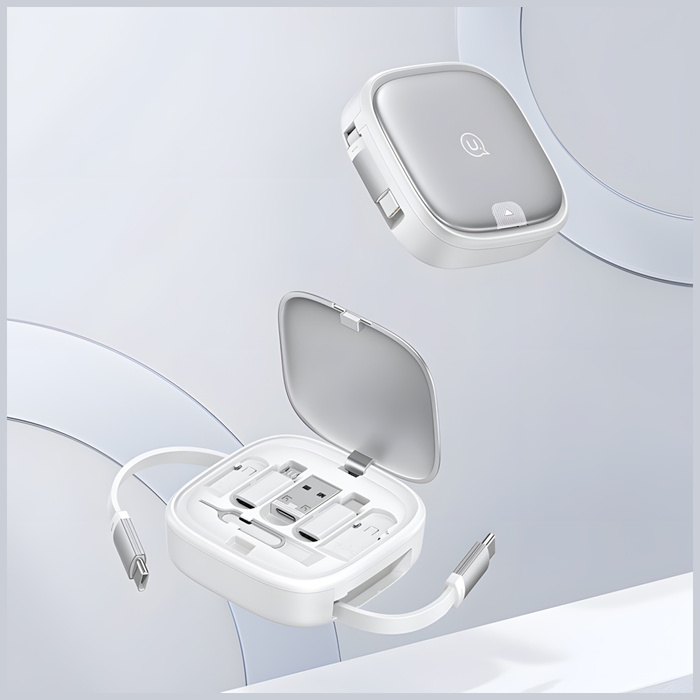 USAMS Kabel rozwijany 3w1 z pudełkiem MicroUSB/USB-C/Lightning 60W srebrny/silver SJ650USB02 (US-SJ650)