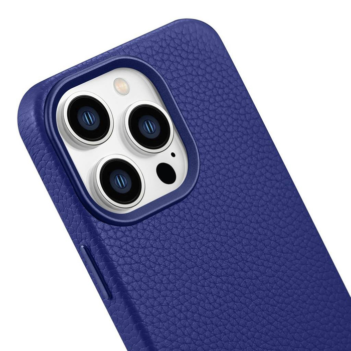 iCarer Litchi Premium Leather Case iPhone 14 Pro Étui en cuir magnétique avec MagSafe Bleu foncé (WMI14220710-DB)