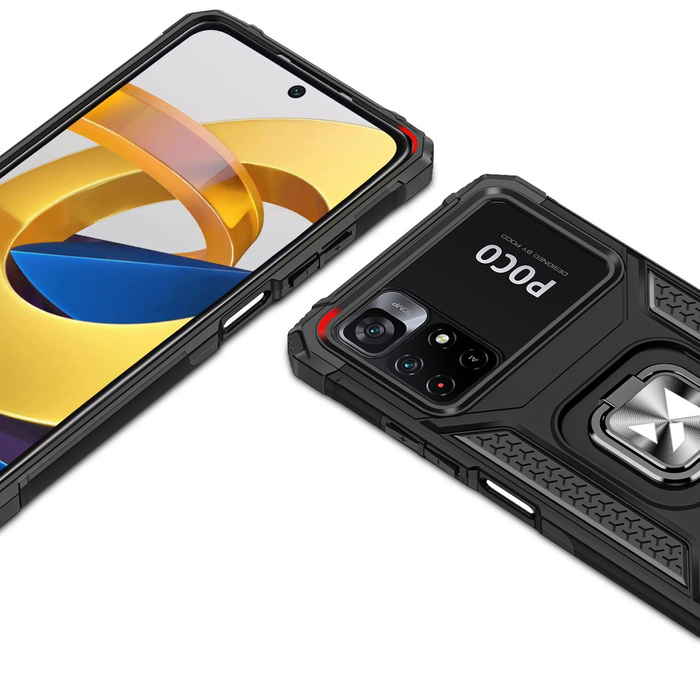Wozinsky Ring Armor Tough Hybrid Case Cover + Magnethalterung Mi Poco M4 Pro 5G / Redmi Note 11 5G (China) / Redmi Note 11T 5G / Redmi Note 11S 5G Schwarz