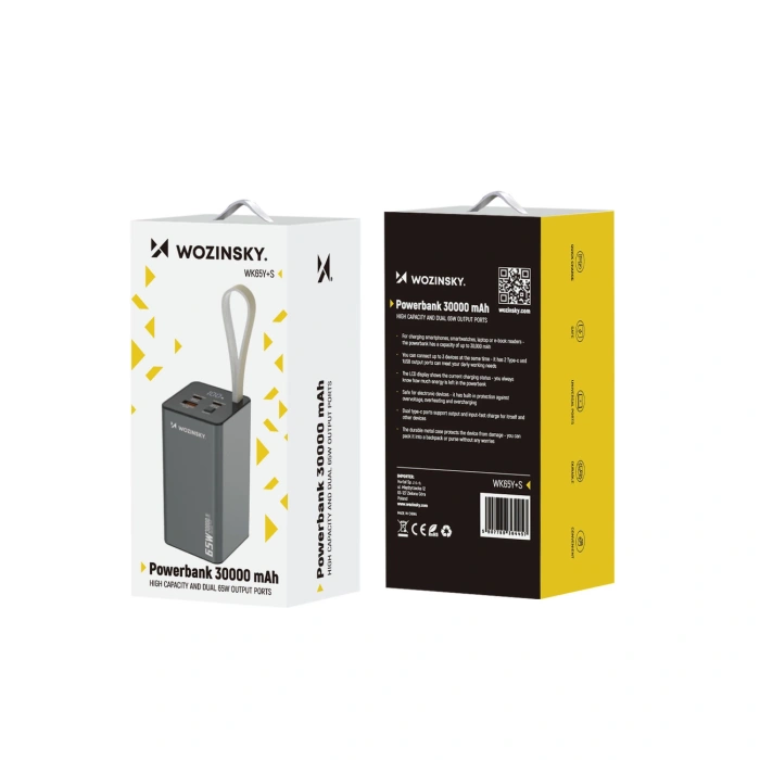 Powerbank Wozinsky K65+ 65W 30000mAh 2x USB-C, 1x USB-A 65W - szary