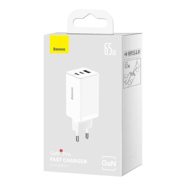 Caricabatterie rapido GaN 2xUSB C 1xUSB 65W Baseus GaN5 Pro + USB C - Cavo USB C 100W - bianco