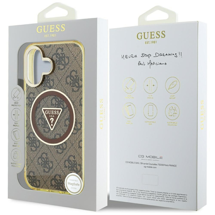 Etui Guess IML Metal Glitter 4G Circle   Triangle MagSafe do iPhone 16 brązowy