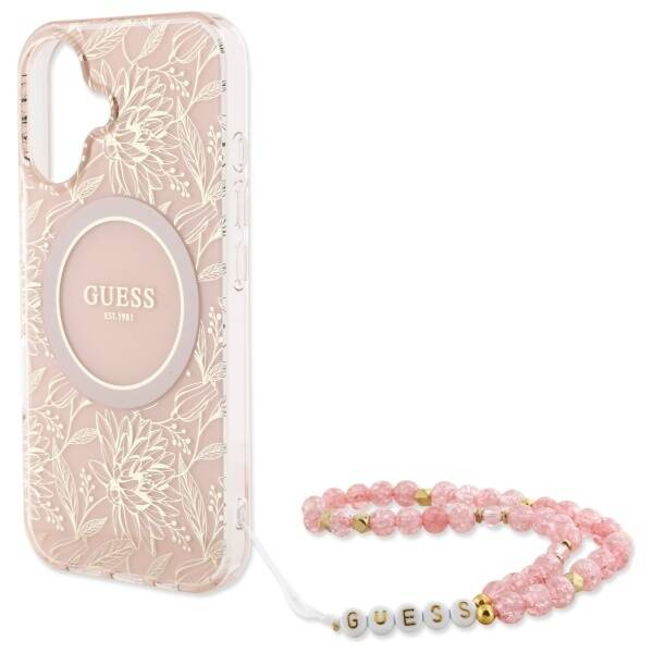Etui Guess iPhone 16 Plus 6.7" różowy/pink hardcase IML Flowers Allover Electro With Pearl Strap MagSafe